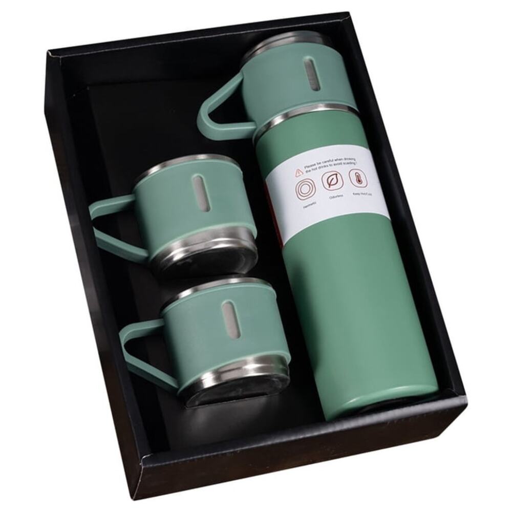 Vacuum Flask Set 17oz - Insulated Water Bottle thermos 3 Cups - GREEN